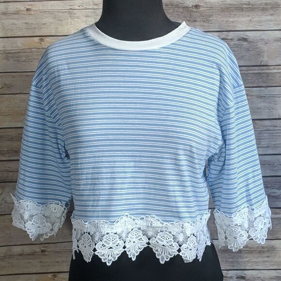 Topshop Tops - Topshop cropped striped crochet trim shirt